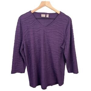 Chico's Blouse Women Large Purple V-neck Solid Textured Top3/4 Sleeve Relax Fit